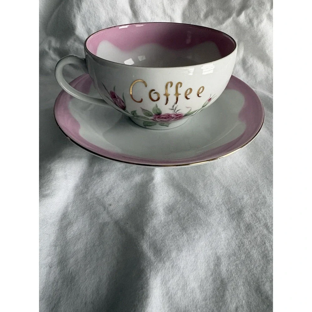 VTG Lefton English Bone China Pink Rose Mother Coffee TeaCup and Saucer‎ Boho LG